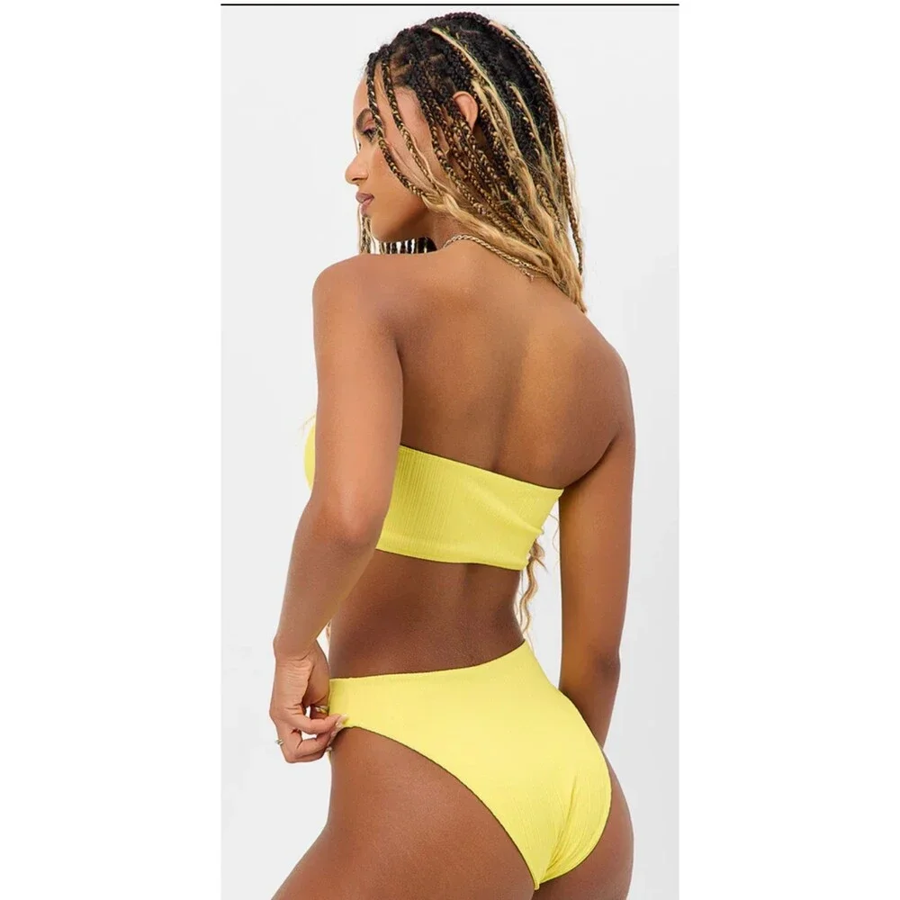 NWT FRANKIES BIKINIS Pina Colada Jean Bandeau Plissé Bikini Top Size XS